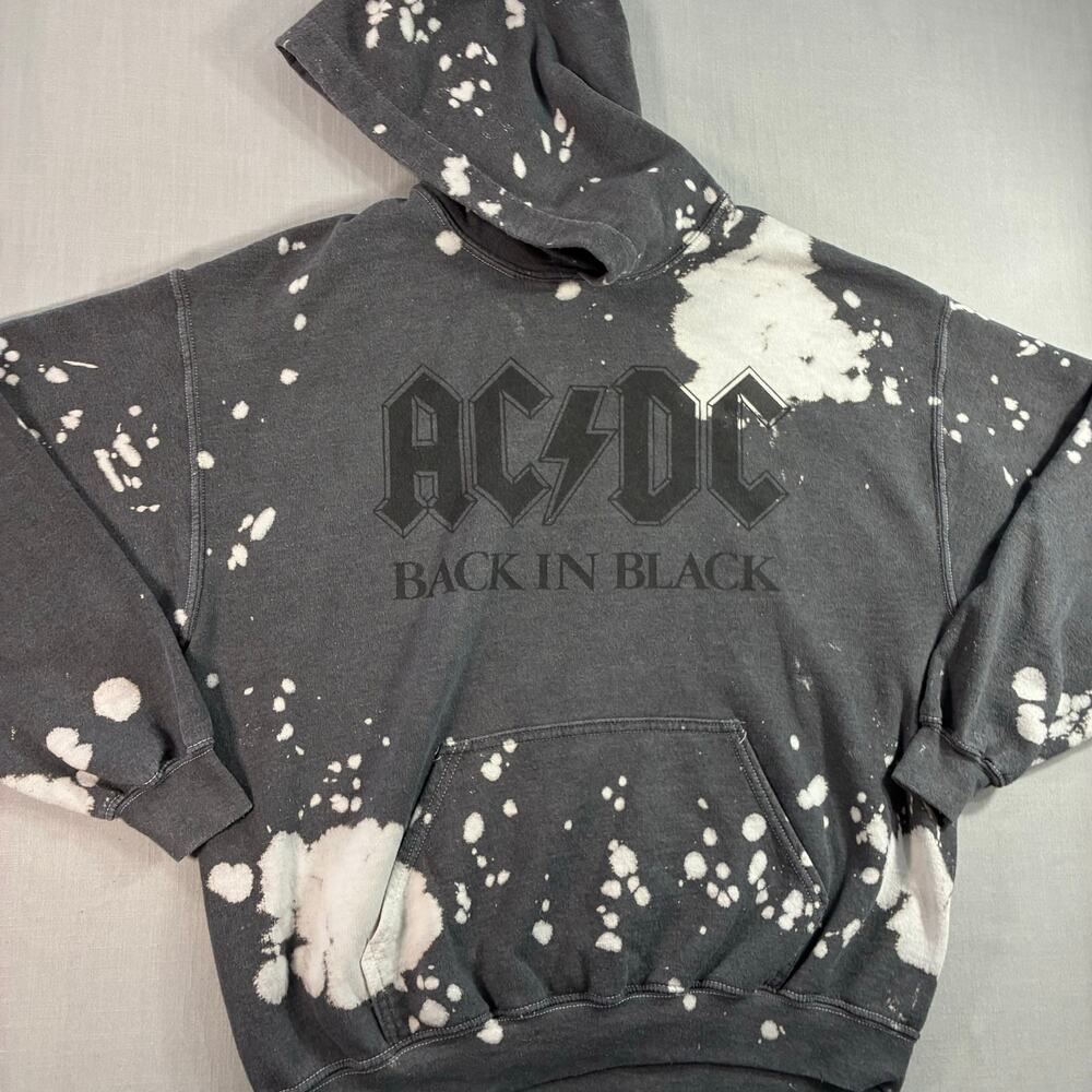 AC/DC Back In Black Bleached Hoodie Men's M Black Graphic Band Sweatshirt
